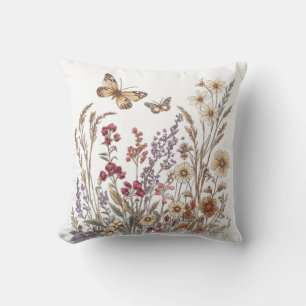 Vintage Wildflower Meadow with Butterflies Cushion