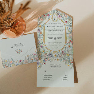 Vintage Wildflower Mint Green Wedding Monogram All In One Invitation