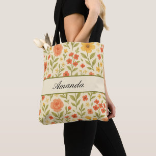 Vintage Wildflower Pattern Name Tote Bag