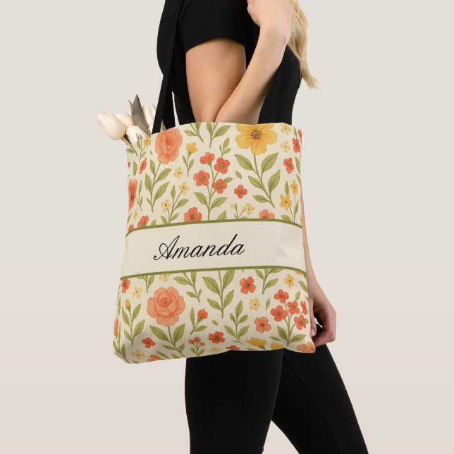 Vintage Wildflower Pattern Name Tote Bag (Close Up)