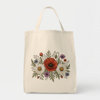 Vintage Wildflower & Poppy Canvas Grocery Bag