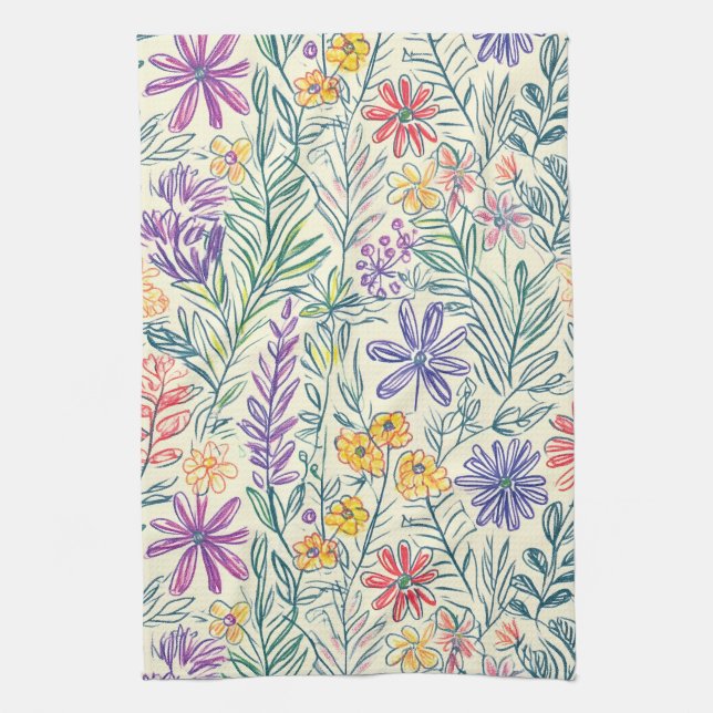 Vintage Wildflower Sketch (2) Tea Towel (Vertical)
