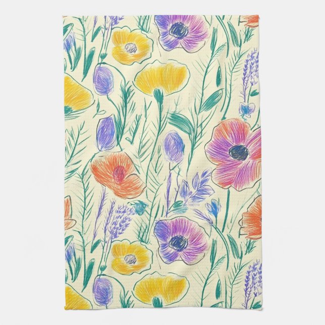 Vintage Wildflower Sketch (6) Tea Towel (Vertical)