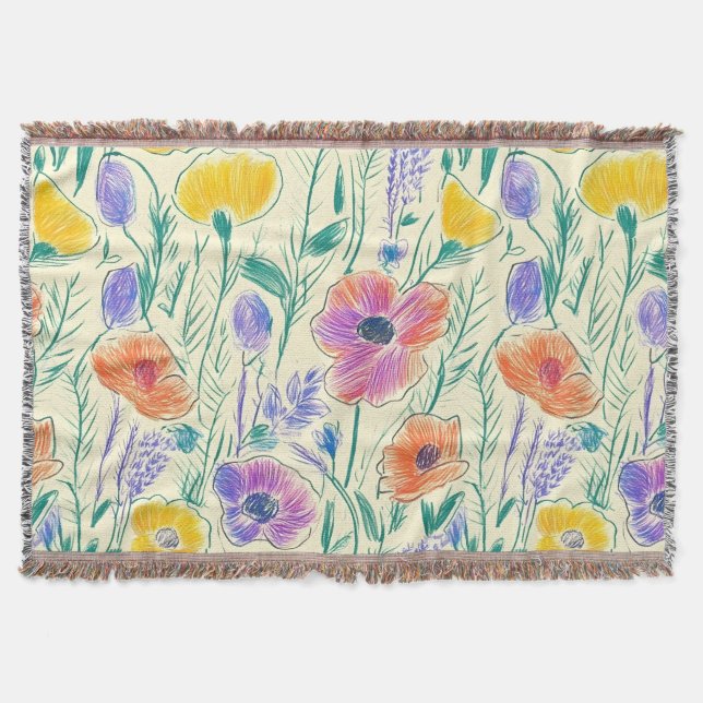 Vintage Wildflower Sketch (6) Throw Blanket (Front)