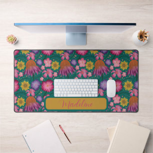 Vintage Wildflower Teal Floral Pattern Desk Mat