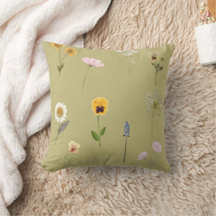 Vintage Wildflower Watercolor Collage on Sage Gree Cushion