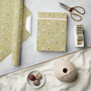 Vintage Wildflower Watercolor Collage on Sage Gree Wrapping Paper