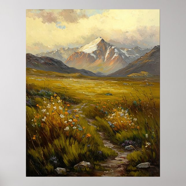 Vintage Wildflowers and Mountains Fine Art Poster (Front)