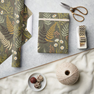 Vintage Wildflowers Daisy Fern Pattern Brown Green Wrapping Paper