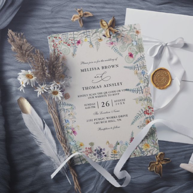 Vintage Wildflowers Fern Budget QR Code Wedding Invitation (Creator Uploaded)