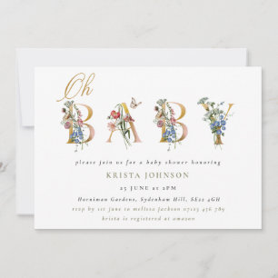Vintage Wildflowers & Gold Letters Baby Shower Invitation