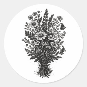 Vintage wildflowers linocut botanical floral art classic round sticker
