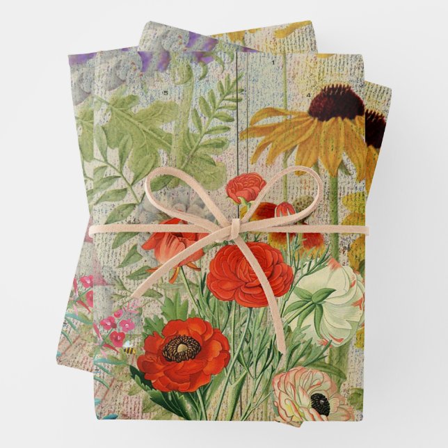 Vintage Wildflowers Nature Botanical Collage Wrapping Paper Sheet (In situ)