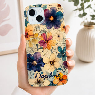 Vintage Wildflowers Purple & Orange Personalised iPhone 15 Case