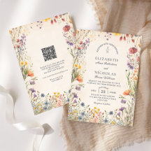 Vintage Wildflowers  QR Code Wedding Invitation