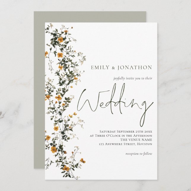 Vintage Wildflowers Script Sage Yellow Wedding Invitation (Front/Back)