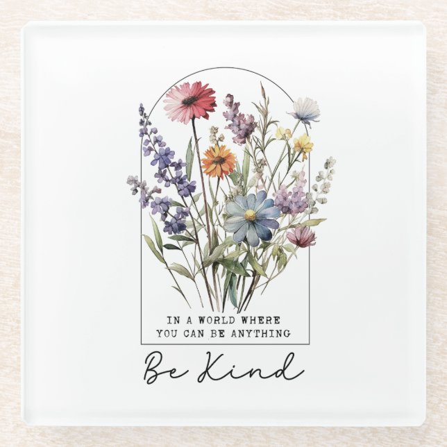 Vintage Wildflowers with Quote - Be Kind Glass Coaster (Front)
