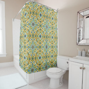 Vintage William Morris Blue Daisy Floral Pattern Shower Curtain