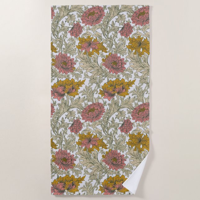Vintage William Morris Chrysanthemum Pattern Beach Towel (Front)