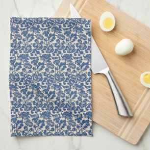 Vintage William Morris Floral Pattern Blue White Tea Towel