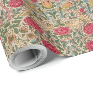 Vintage William Morris Rose Pink Yellow Bird Flor Wrapping Paper