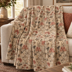 Vintage William Morris Rust Watercolor Floral Fleece Blanket
