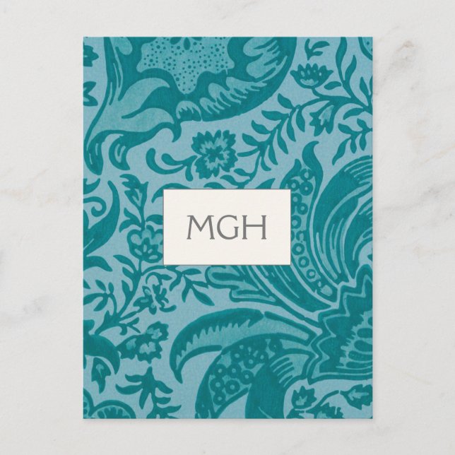 Vintage William Morris Teal Botanical Monogram Postcard (Front)
