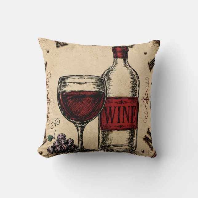 Vintage Wine Bottle and Glass Rustic Vineyard  Cushion (Front)