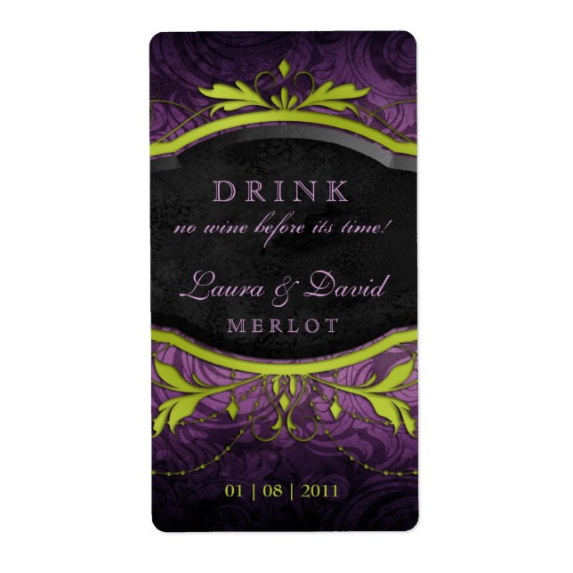 Vintage Wine Label Leaf Swirls Antique Lime Purple (Front)