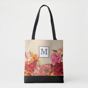 Vintage Wine Rose Rustic Floral Monogram Tote Bag