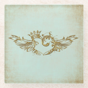 Vintage Winged Heart Aqua Cream Glass Coaster