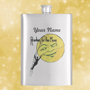 Vintage Winking Moon Man Ladder Reach for Moon Hip Flask