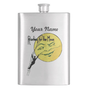 Vintage Winking Moon Man Ladder Reach for Moon Hip Flask