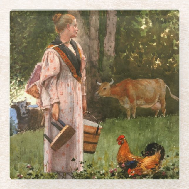 Vintage Winslow homer The Milk Maid Glass Coaster (Front)