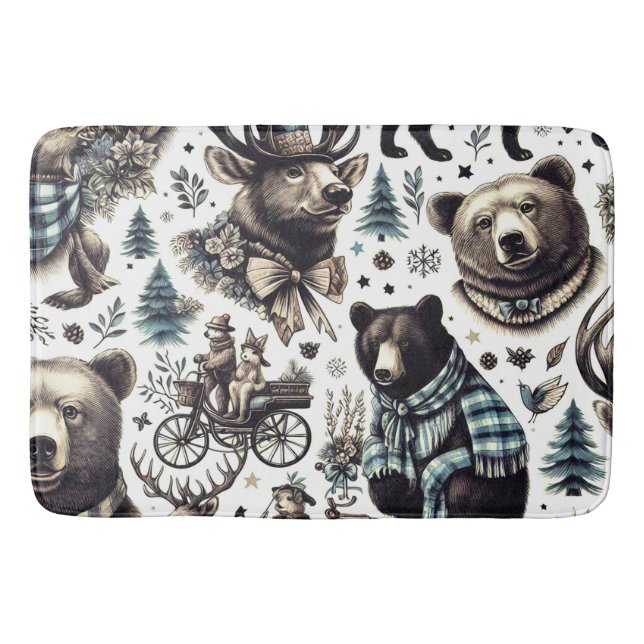 Vintage Winter Animals Pattern Bath Mat (Front)