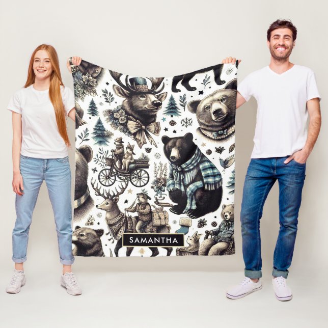Vintage Winter Animals Pattern Fleece Blanket (In Situ)