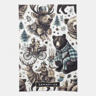 Vintage Winter Animals Pattern Tea Towel
