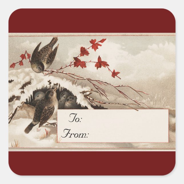 Vintage Winter Birds Square Stickers (Front)