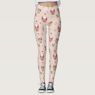 Vintage Winter Botanical Santa Dusty Rose Pink Leggings