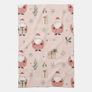 Vintage Winter Botanical Santa Dusty Rose Pink Tea Towel