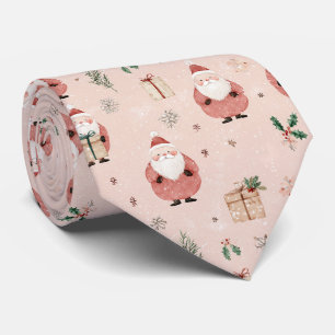 Vintage Winter Botanical Santa Dusty Rose Pink Tie