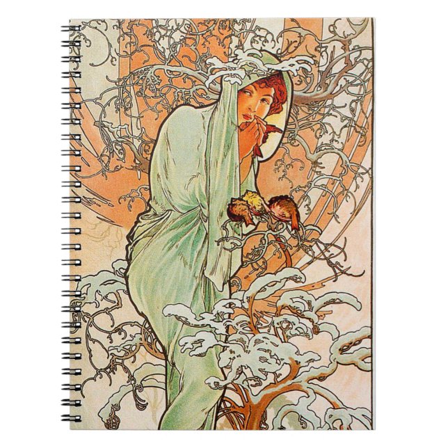 Vintage Winter by Alphonse Mucha Spiral Notebook (Front)