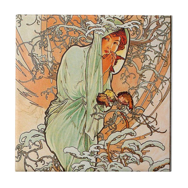 Vintage Winter by Alphonse Mucha Tile (Front)