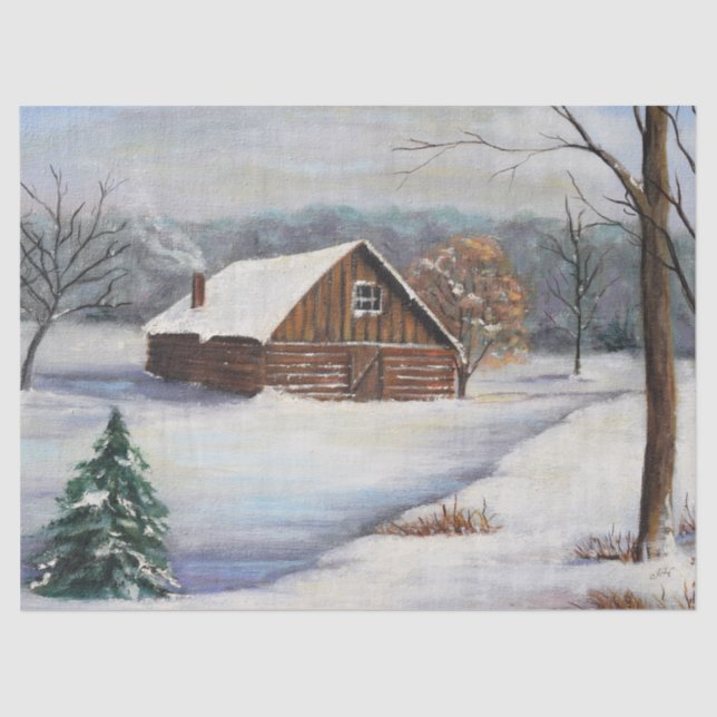 Vintage Winter Cabin Scene II Tissue Paper (Front)