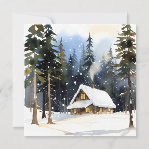 Vintage Winter Cabin Watercolor Christmas Card