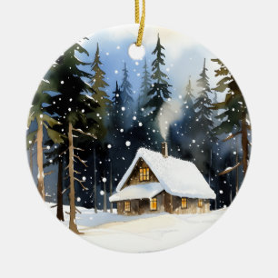 Vintage Winter Cabin Watercolor Christmas Ceramic Tree Decoration