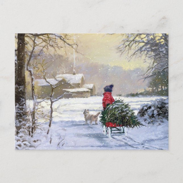 Vintage Winter Child Bringing Home The Tree Postcard (Front)