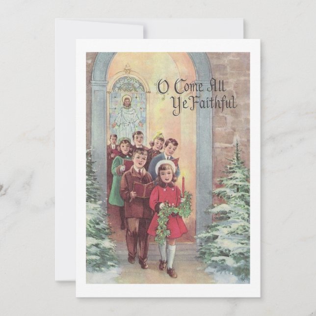 Vintage Winter Christmas Children At Church Holiday Card (Front)