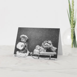 Vintage Winter Christmas Santa Cat with Sleigh Holiday Card