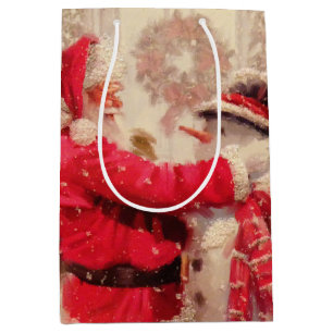 Vintage Winter Christmas Santa Claus Snowman Medium Gift Bag